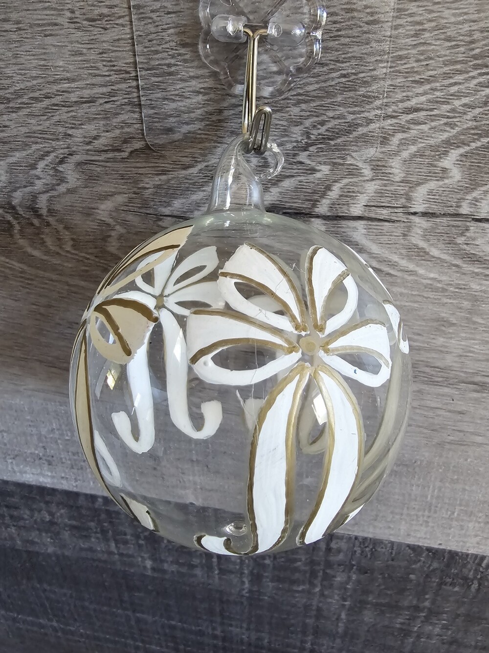 Large All Glass Hand Blown Clear Painted White And Gold Christmas 3" Bauble G3h2